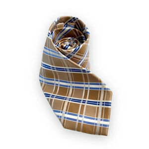 Michael Kors Beige Plaid Silk Tie Baby Blue Office Career Professional Work Prep